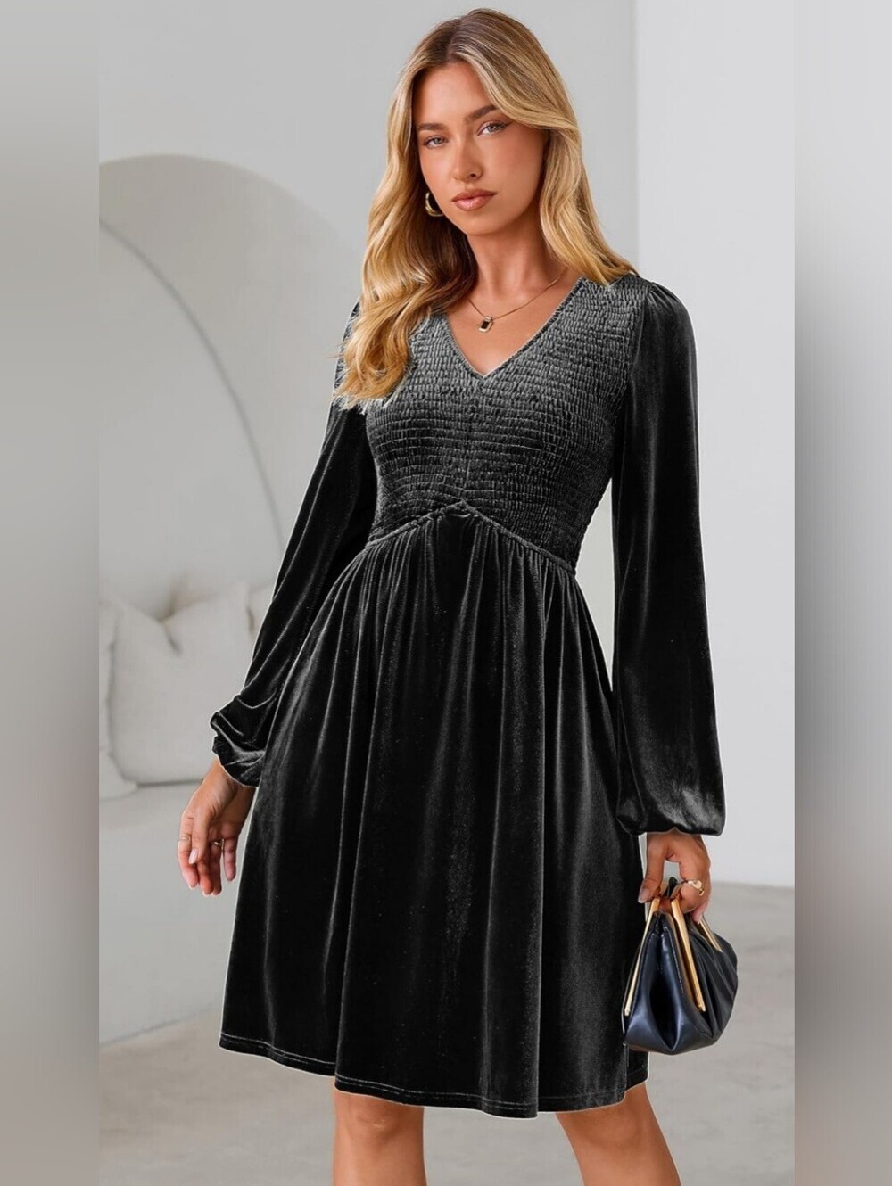 NWT Black Velvet Smocked Mini Dress Size Large Whimsigoth Cottagecore - Picture 5 of 5